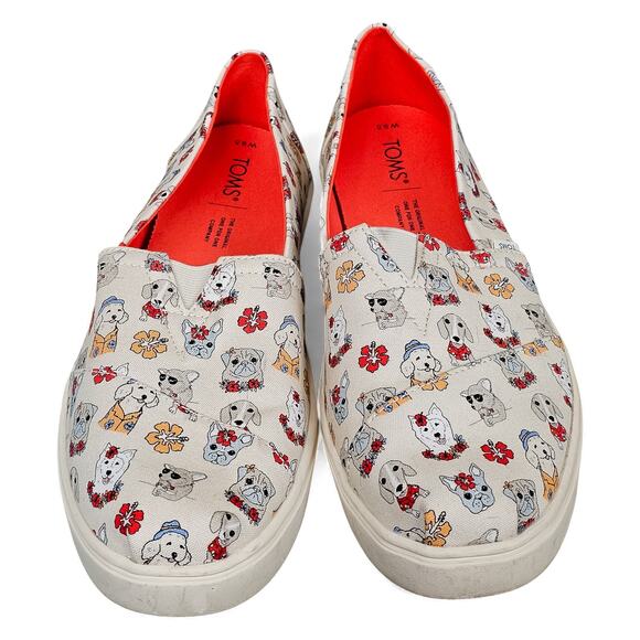 TOMS Shoes Cupsole Canvas OrthoLite Natural Tropical Dog Print - Womans 9.5 - Picture 1 of 6